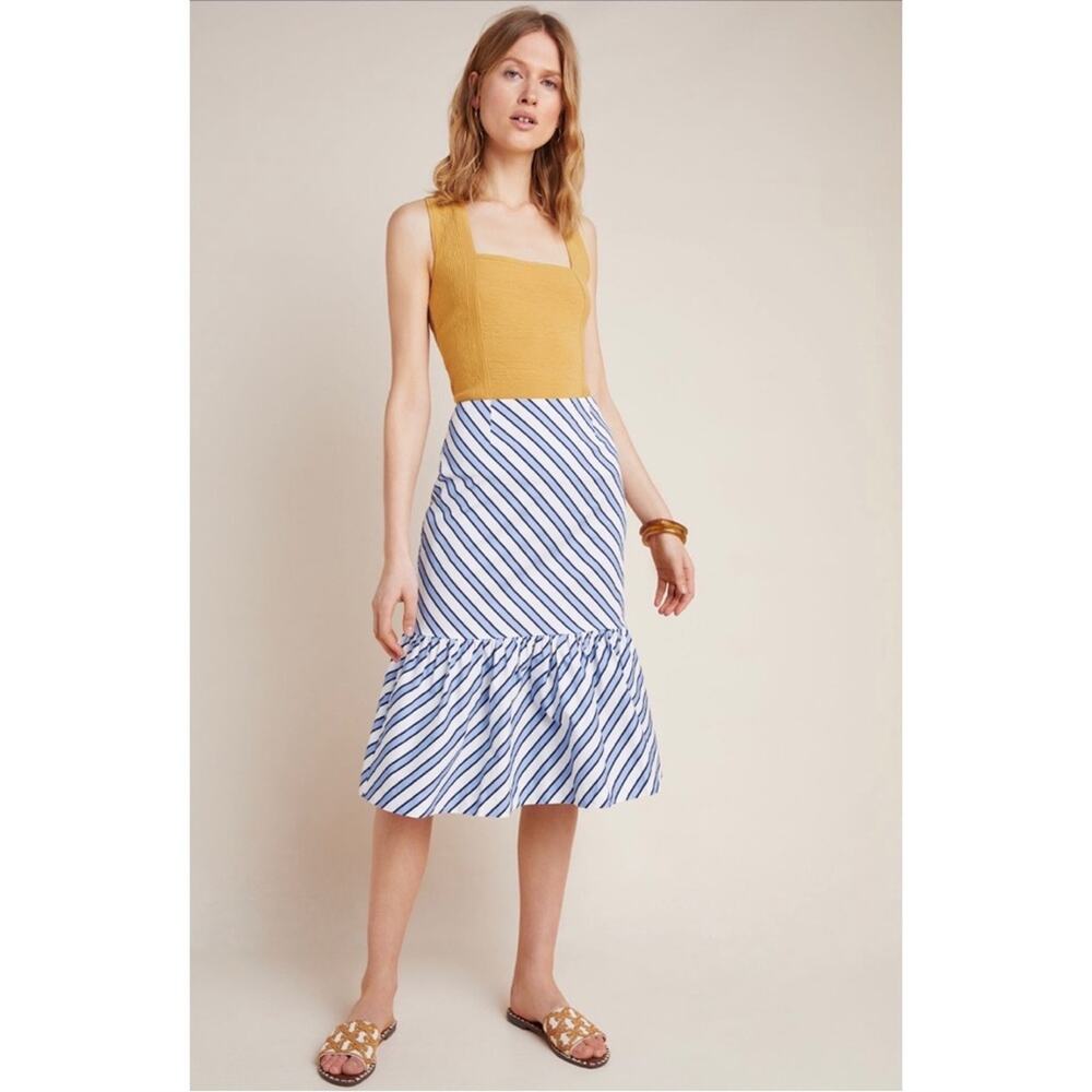 Anthropologie Maeve Ryanne Flounce Hem Striped Midi Preppy Summer Skirt  Size 6